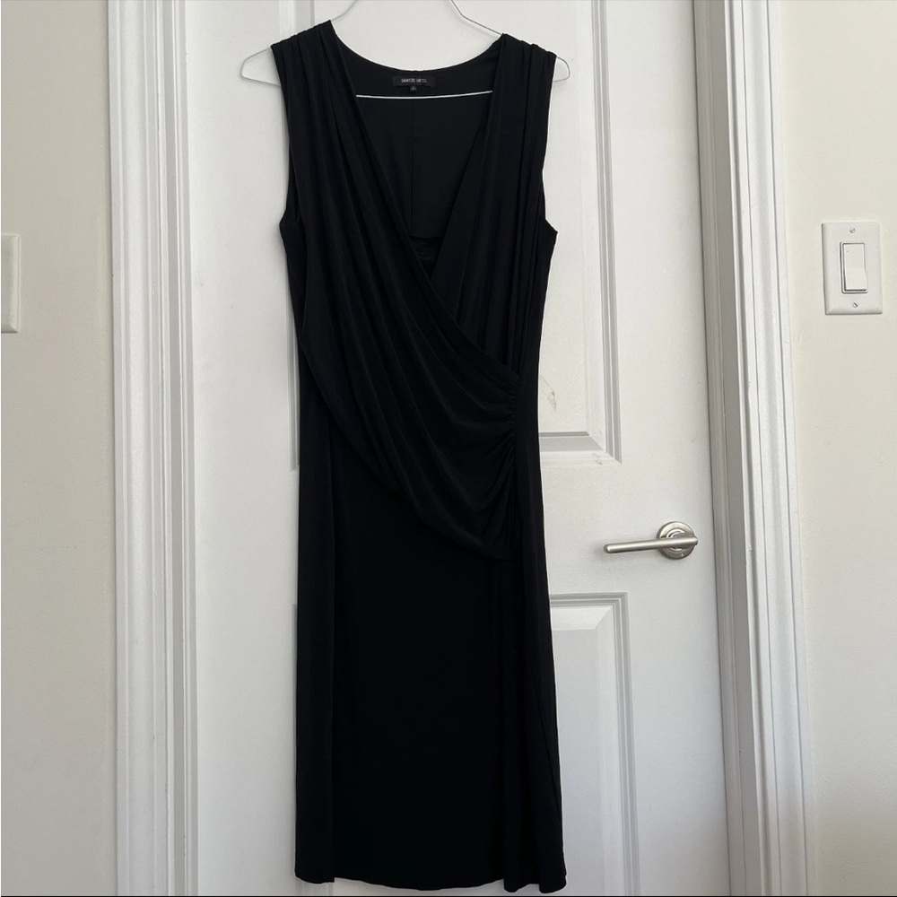 Lafayette 148 New York Sz L Black Dress Jersey Stretch Faux Wrap Sheath Career